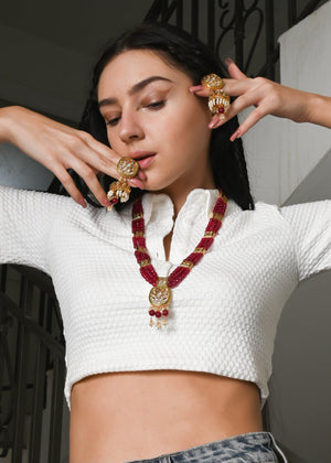 Ruby Color Statement Necklace Set - Rajwada