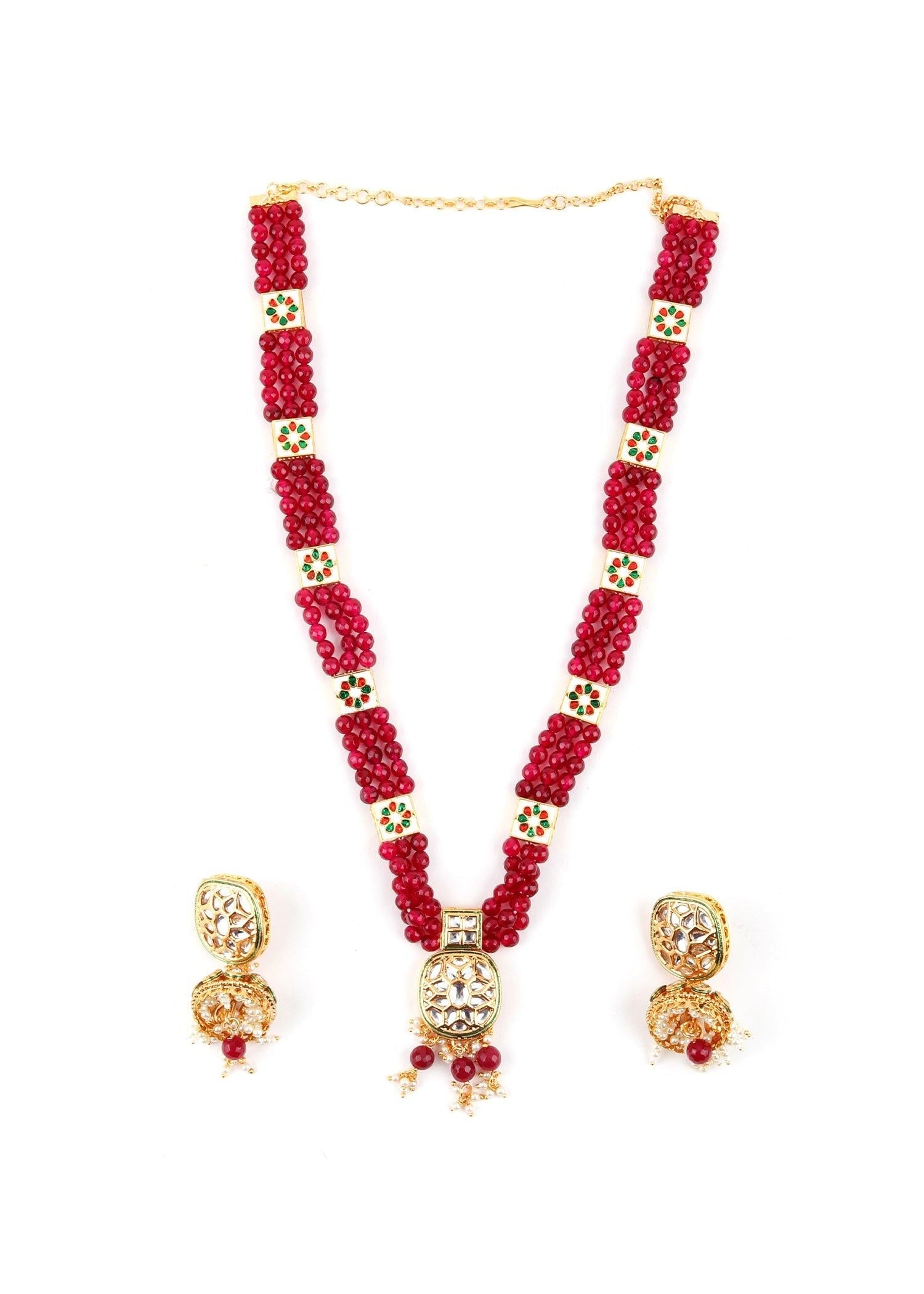Ruby Color Statement Necklace Set - Rajwada