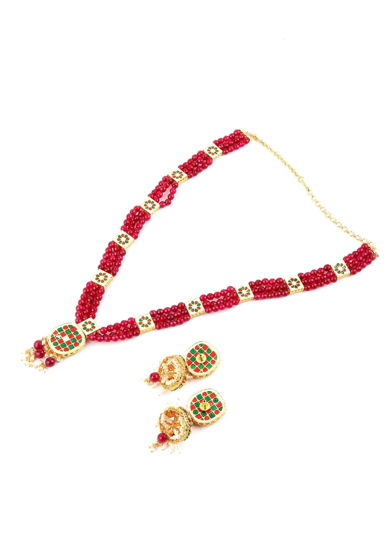 Ruby Color Statement Necklace Set - Rajwada