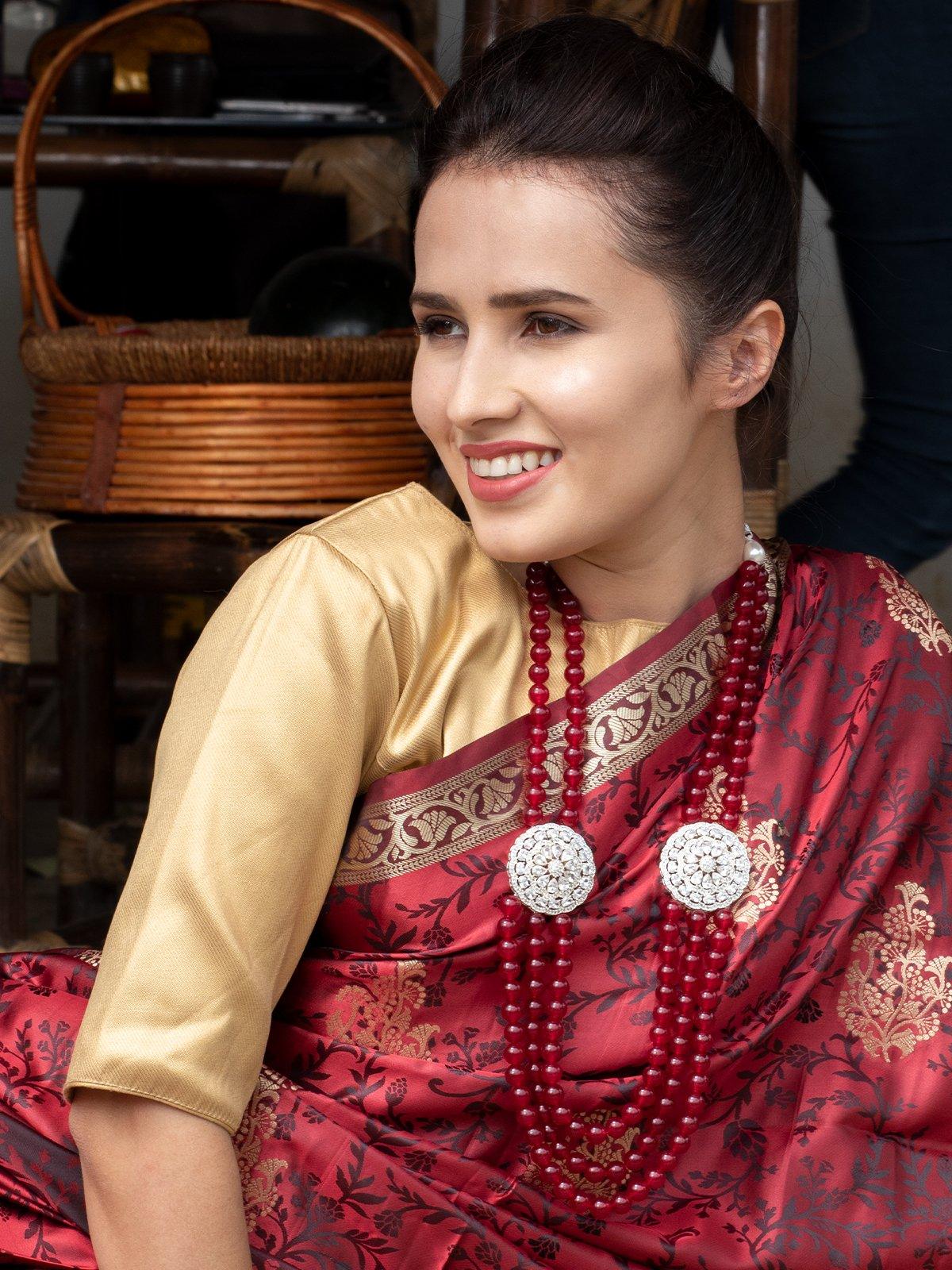 Ruby Onyx Beads Loop Necklace Set With Silver Embellishments - Rajwada