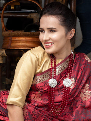 Ruby Onyx Beads Loop Necklace Set With Silver Embellishments - Rajwada