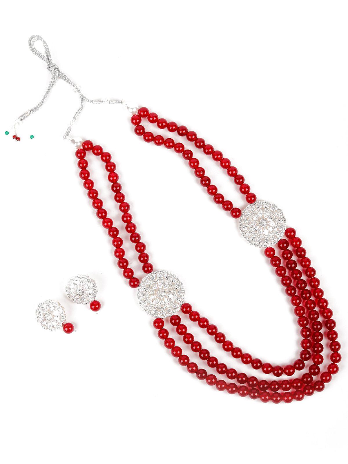 Ruby Onyx Beads Loop Necklace Set With Silver Embellishments - Rajwada
