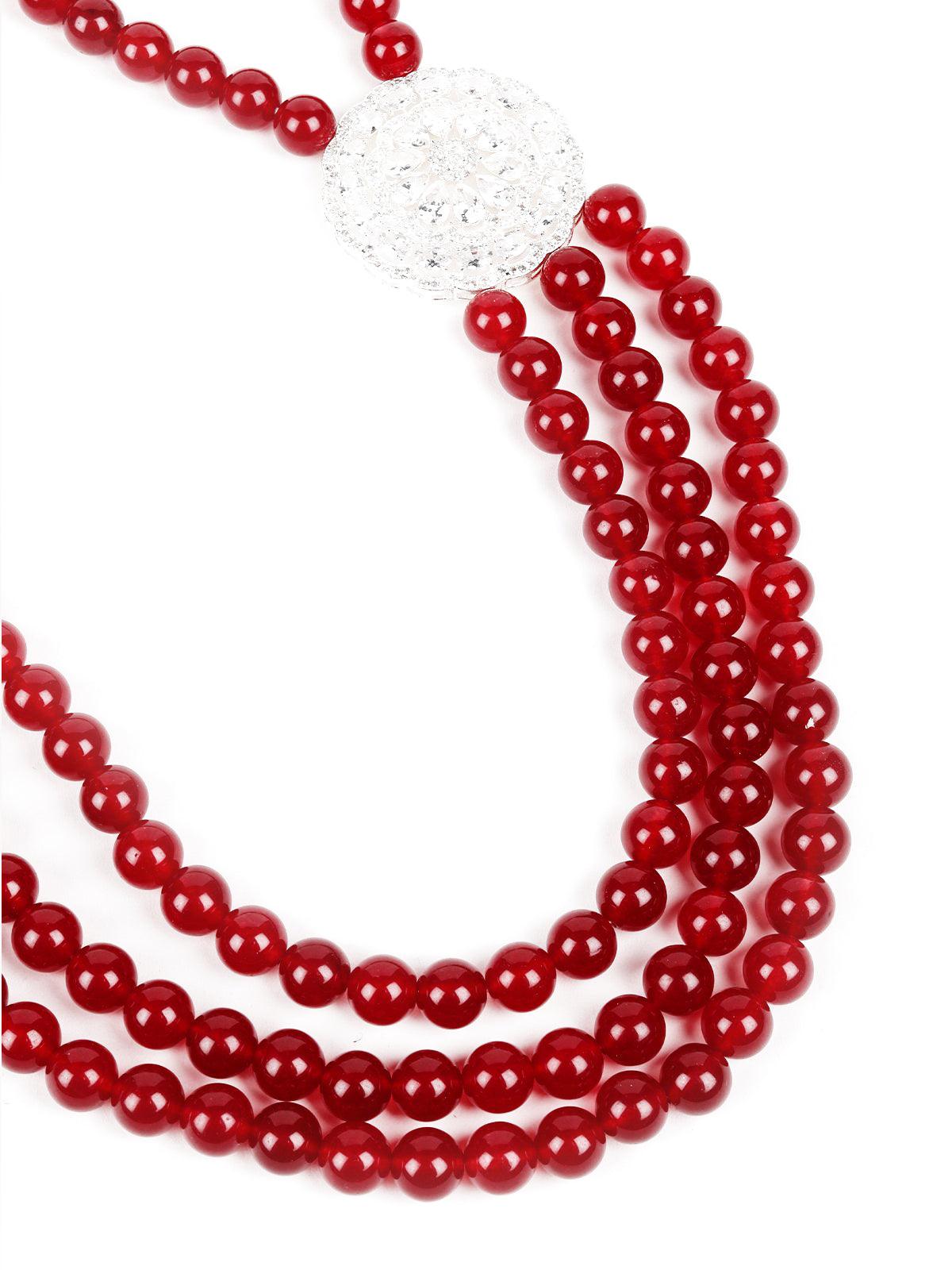 Ruby Onyx Beads Loop Necklace Set With Silver Embellishments - Rajwada