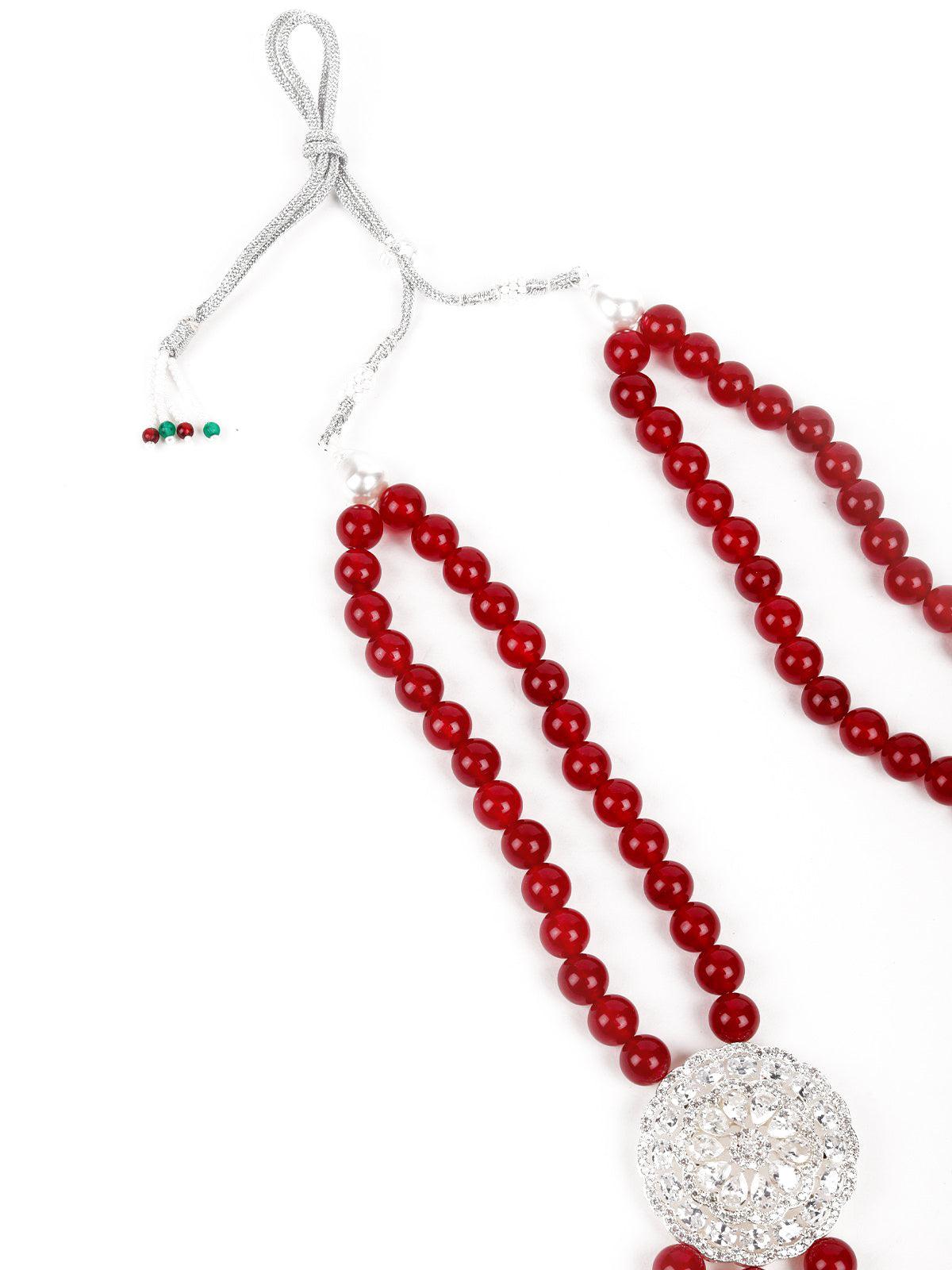 Ruby Onyx Beads Loop Necklace Set With Silver Embellishments - Rajwada