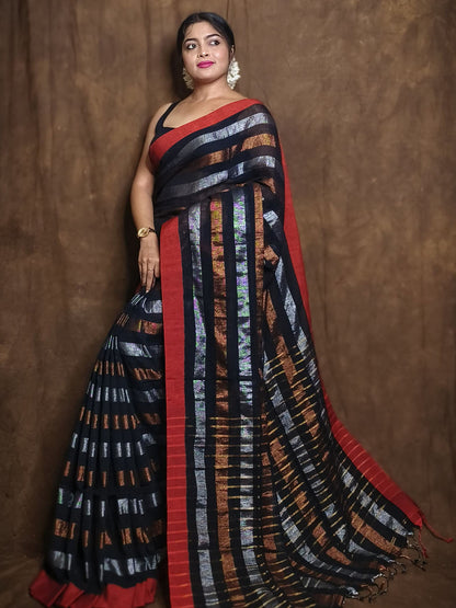 Rajwada Black Woven Cotton Saree With Unstitched Blouse for Women