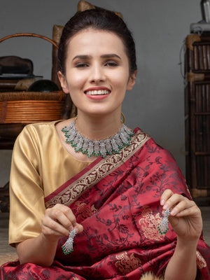 Shinny Crystal And Emerald Embellished Necklace With Earrings - Rajwada