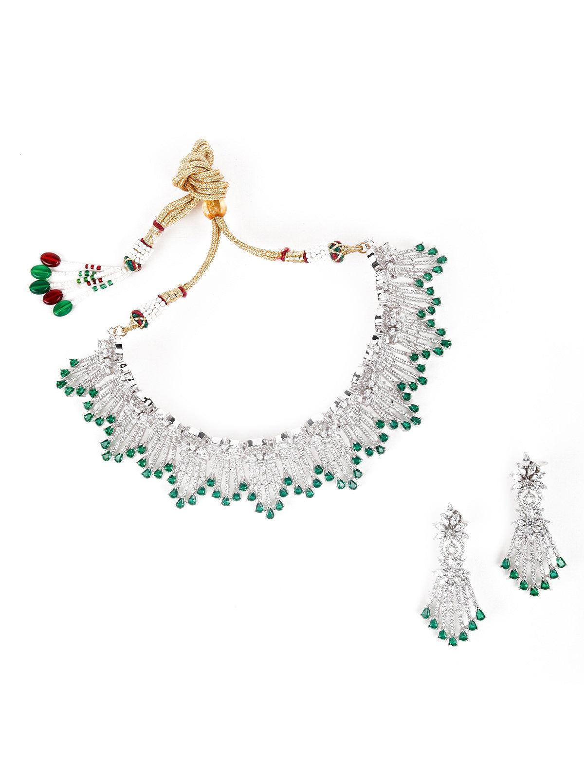 Shinny Crystal And Emerald Embellished Necklace With Earrings - Rajwada