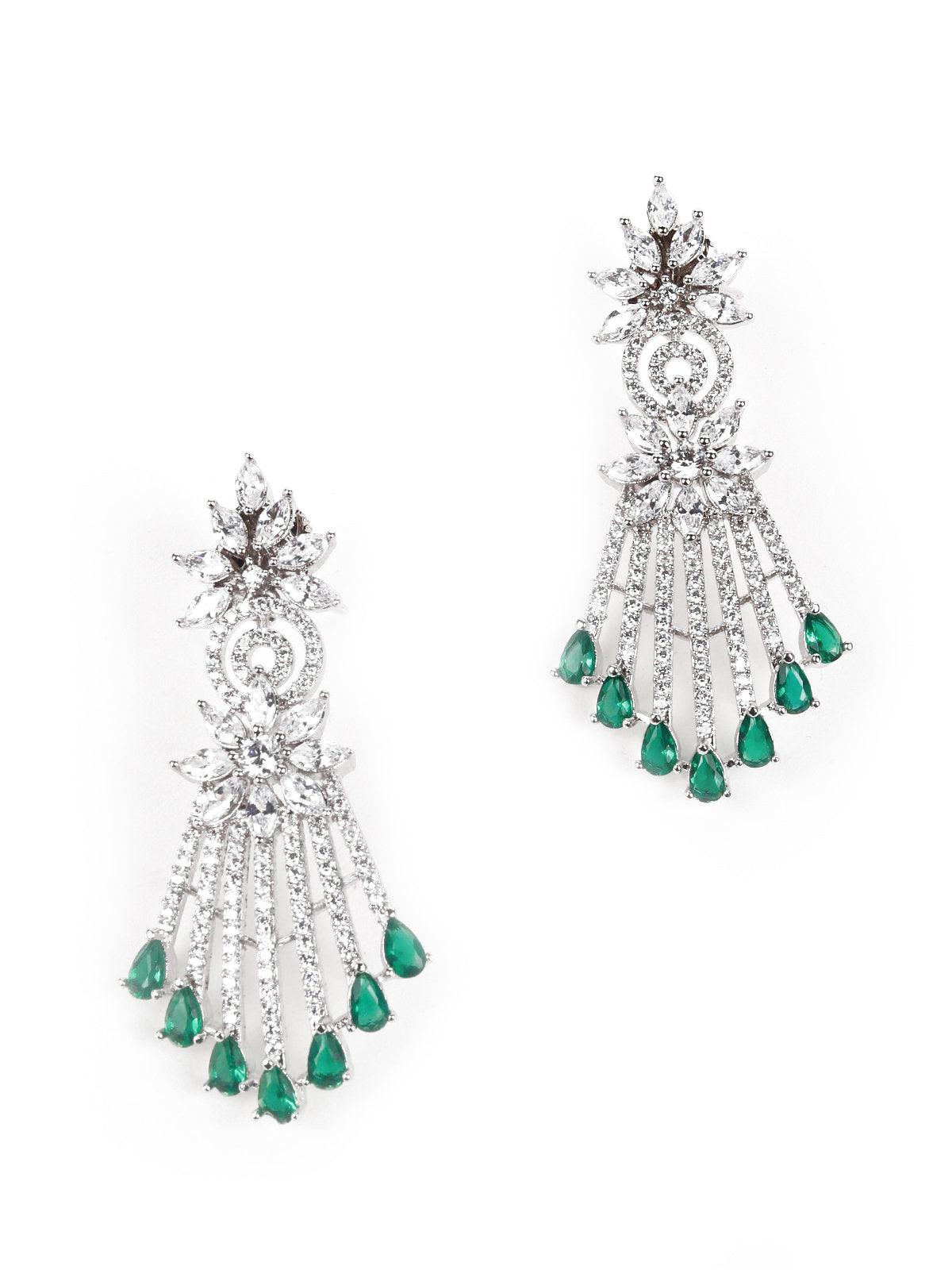 Shinny Crystal And Emerald Embellished Necklace With Earrings - Rajwada