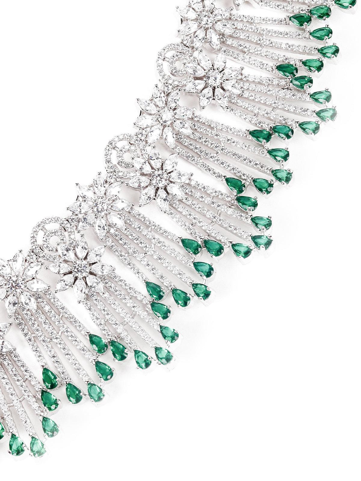 Shinny Crystal And Emerald Embellished Necklace With Earrings - Rajwada