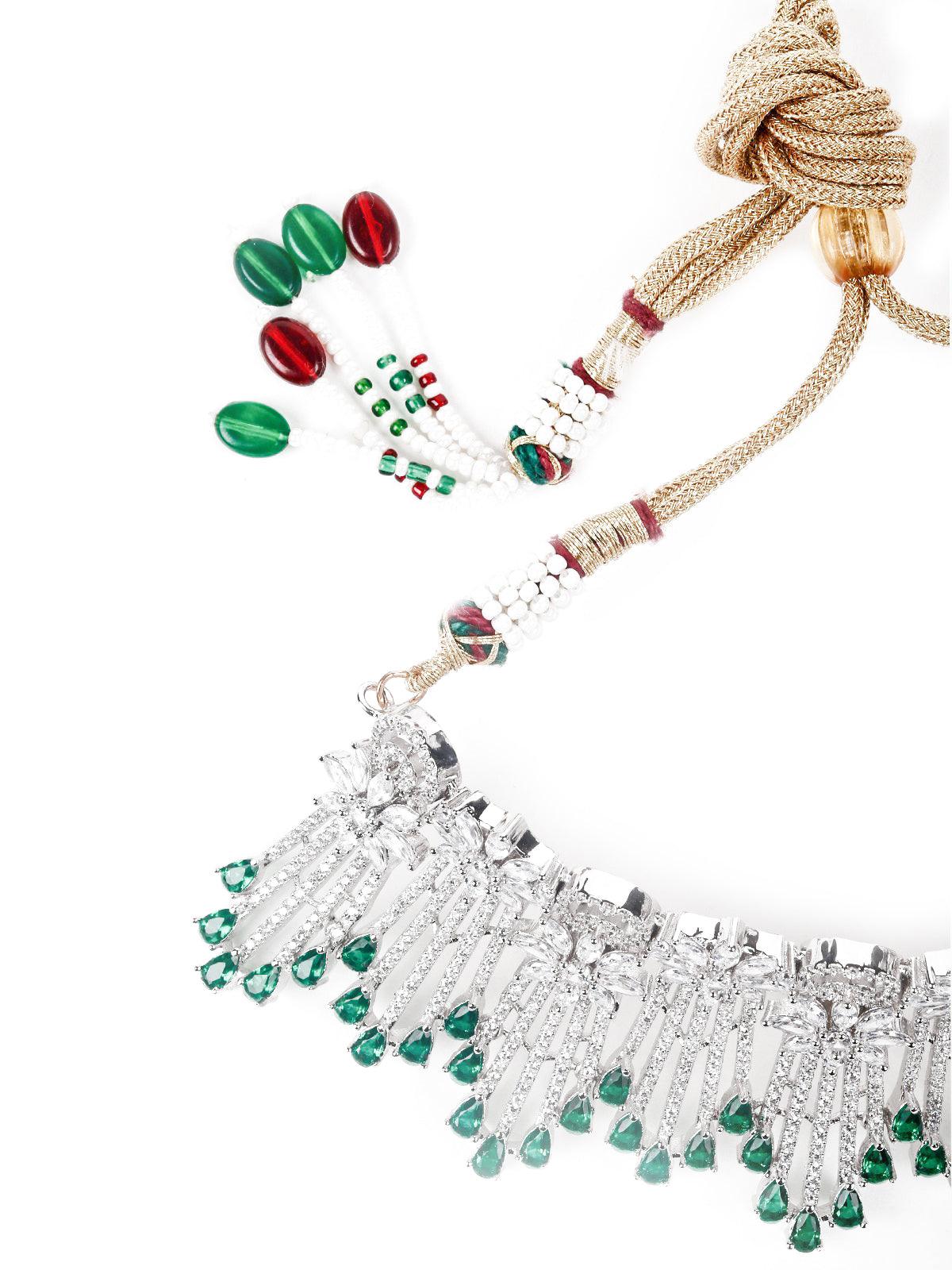 Shinny Crystal And Emerald Embellished Necklace With Earrings - Rajwada