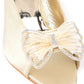 Rajwada Women Beige Shiny Square Heel Mules With A Bow