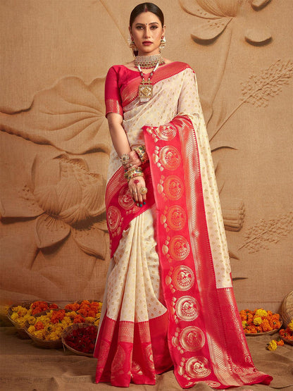 Silk Blend Off White and Red Woven Designer Saree - Rajwada