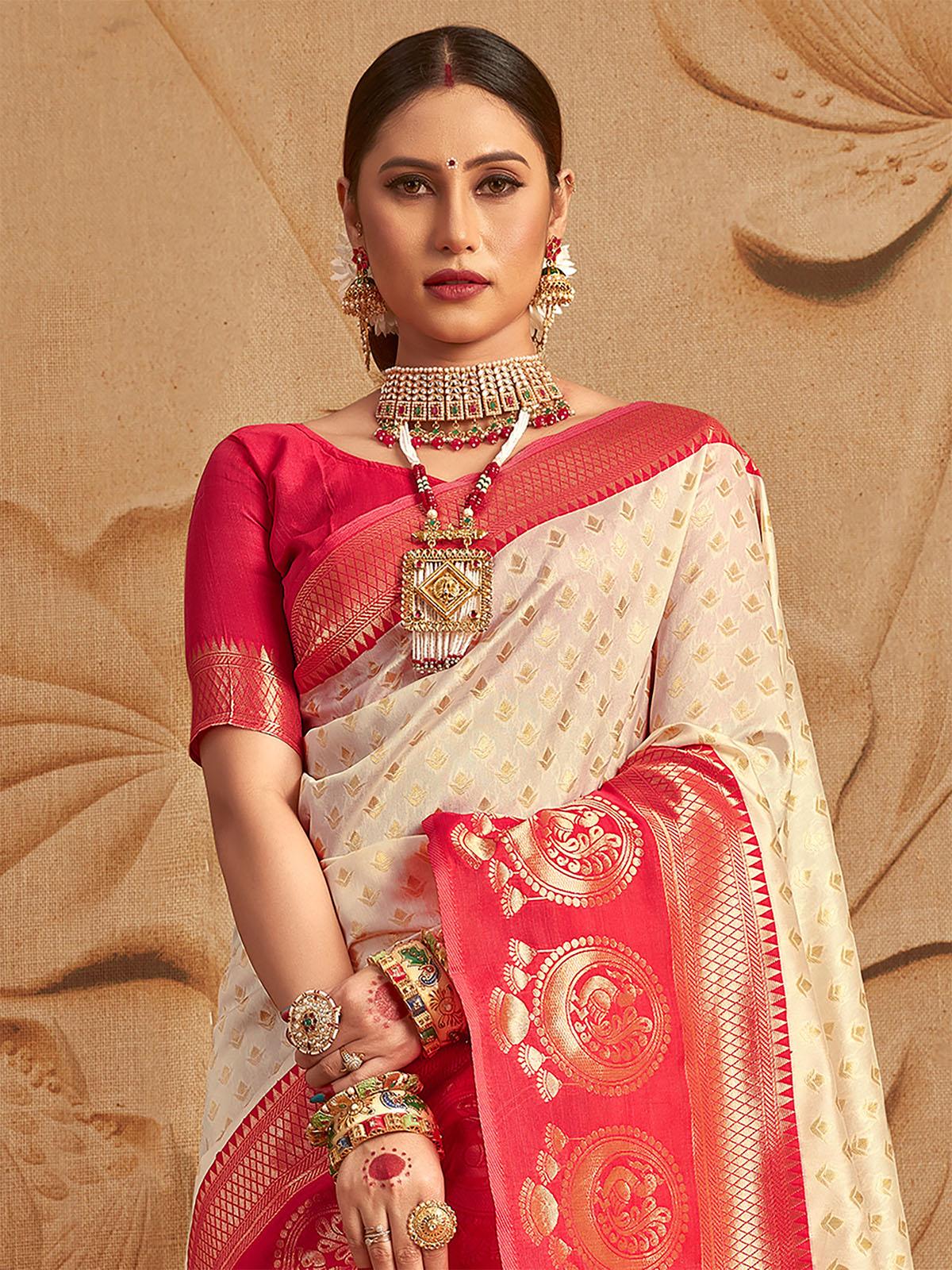 Silk Blend Off White and Red Woven Designer Saree - Rajwada
