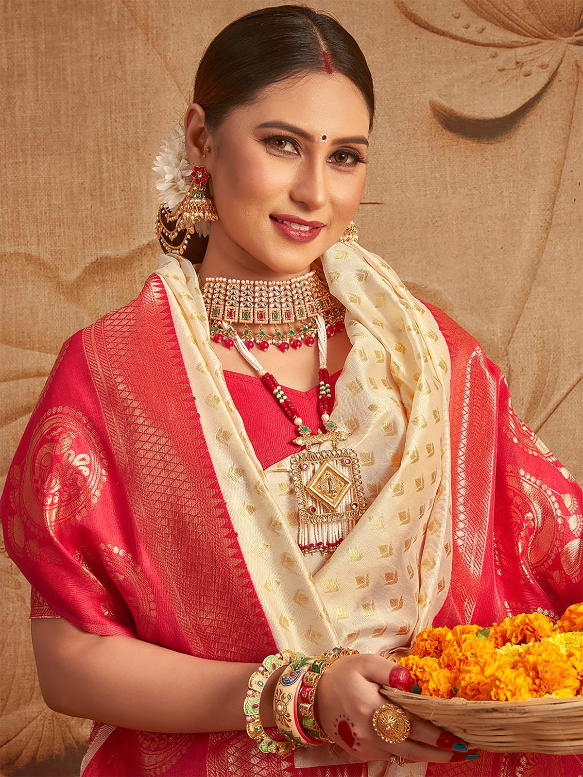 Silk Blend Off White and Red Woven Designer Saree - Rajwada
