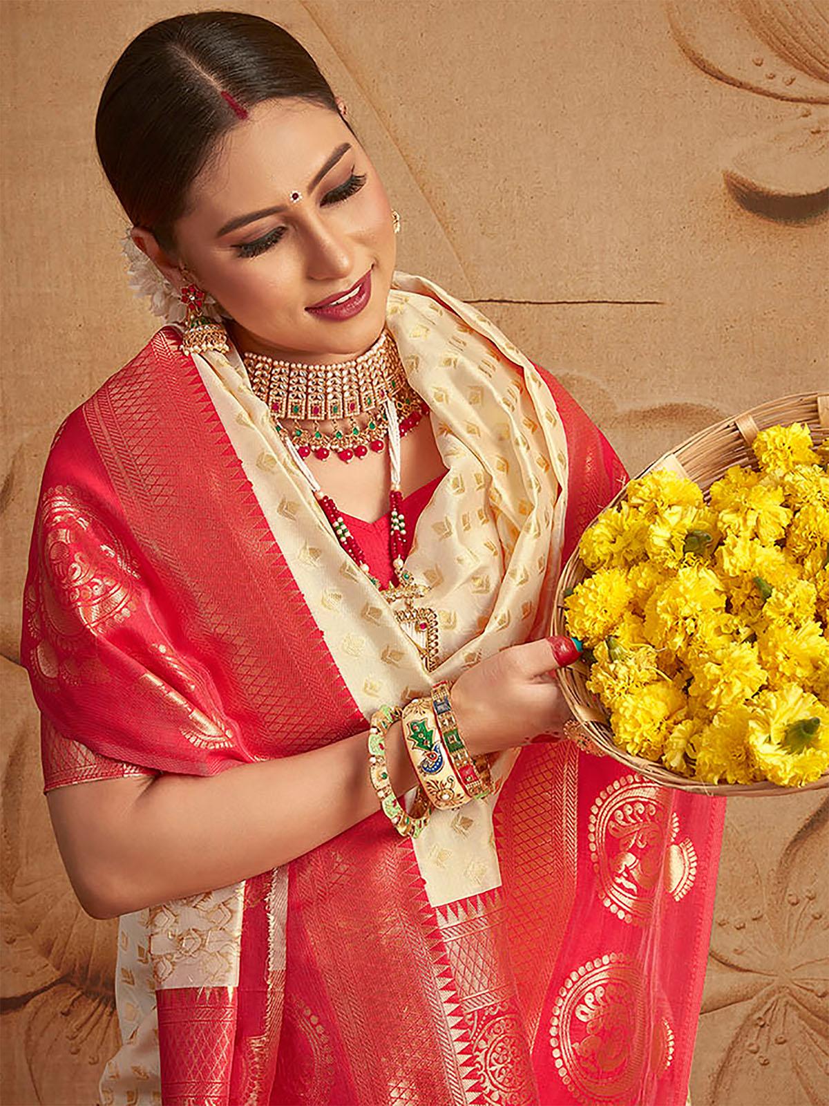 Silk Blend Off White and Red Woven Designer Saree - Rajwada