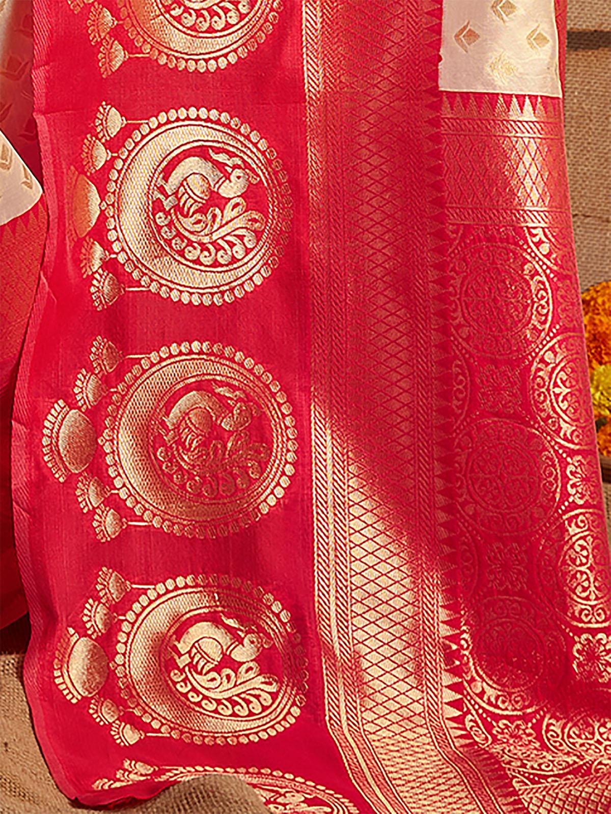 Silk Blend Off White and Red Woven Designer Saree - Rajwada