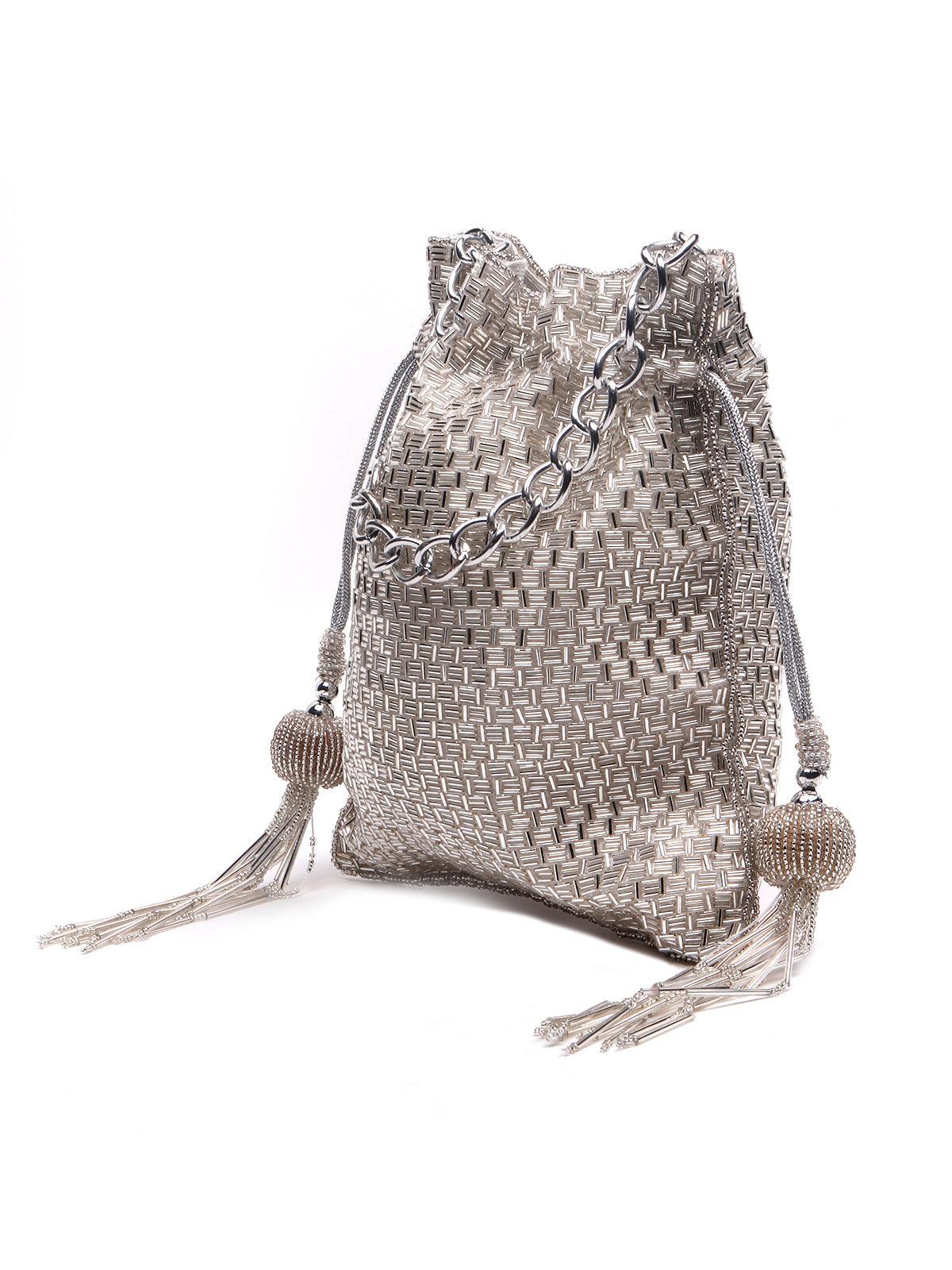 Silver Beaded Potli Handbag - Rajwada