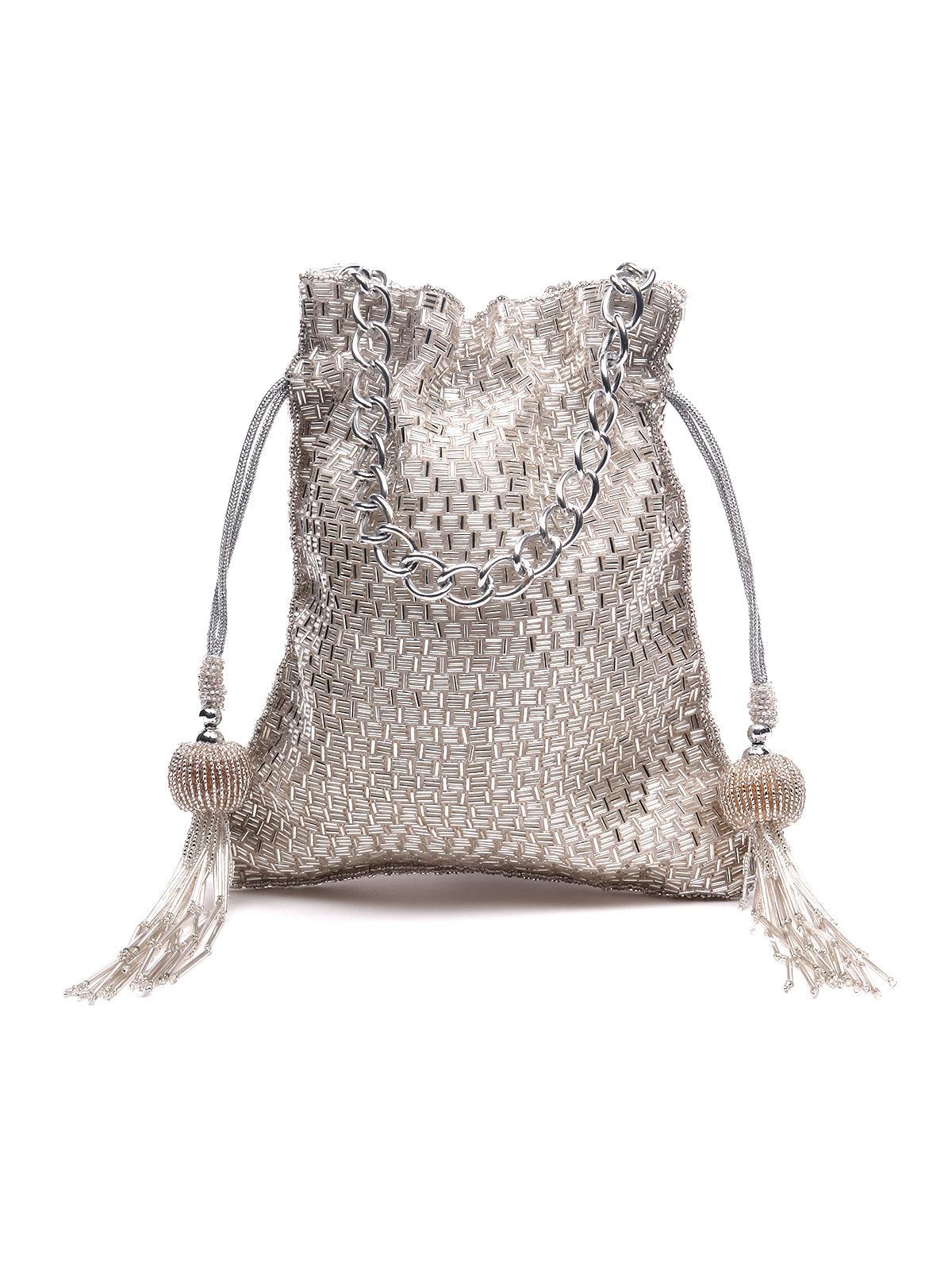 Silver Beaded Potli Handbag - Rajwada
