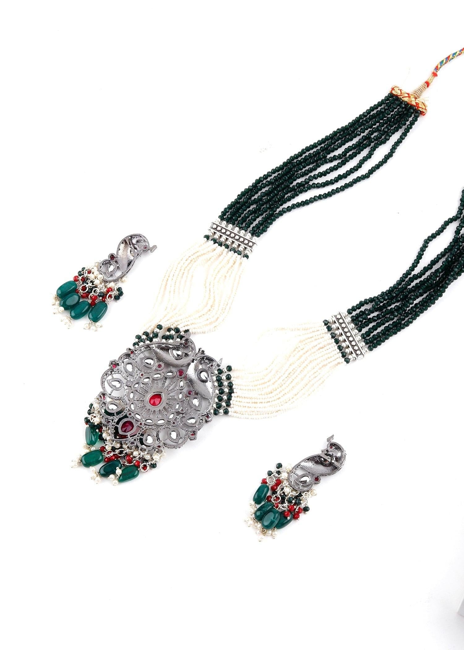 Silver Peacock Rani Haar Necklace Set - Rajwada