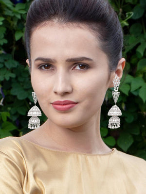 Silver-tone fully studded jhumka earrings - Rajwada