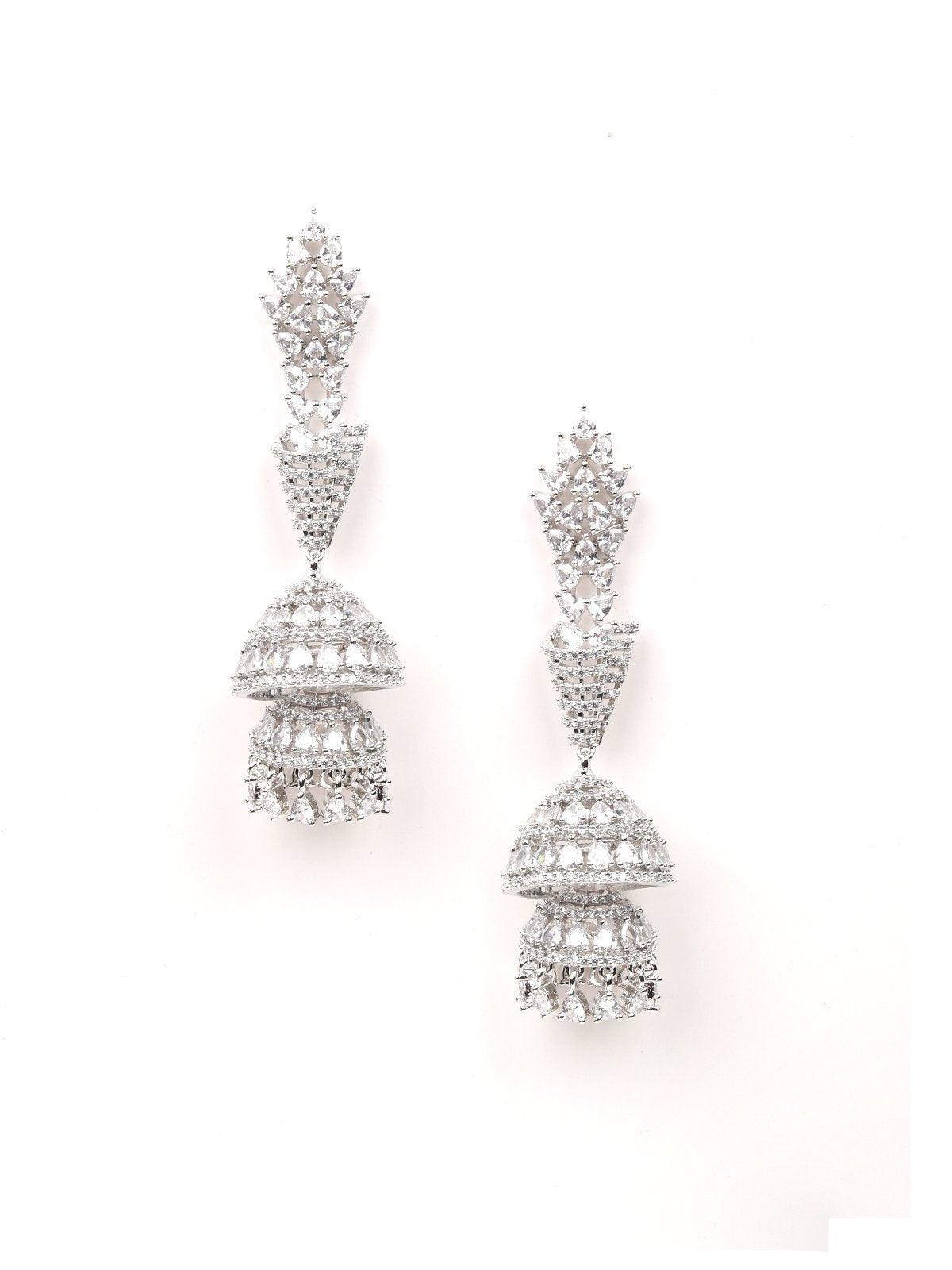 Silver-tone fully studded jhumka earrings - Rajwada