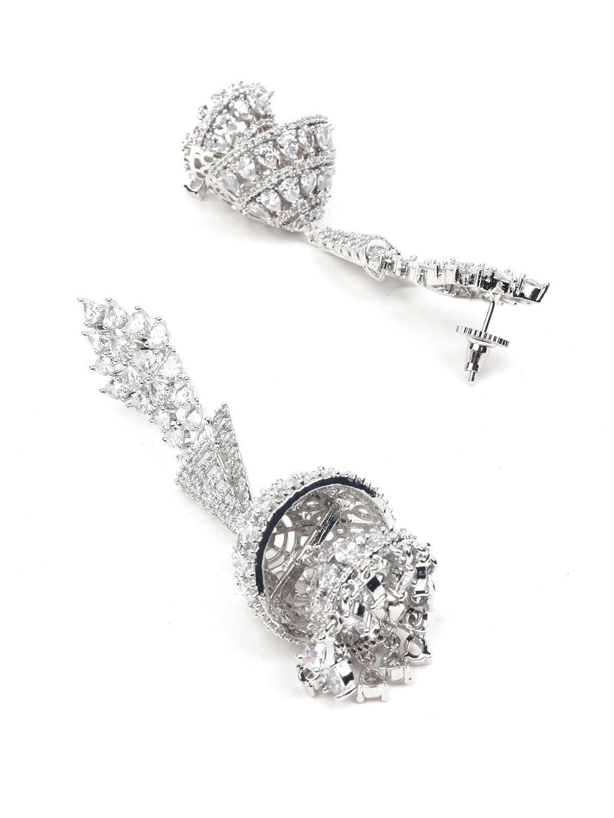 Silver-tone fully studded jhumka earrings - Rajwada