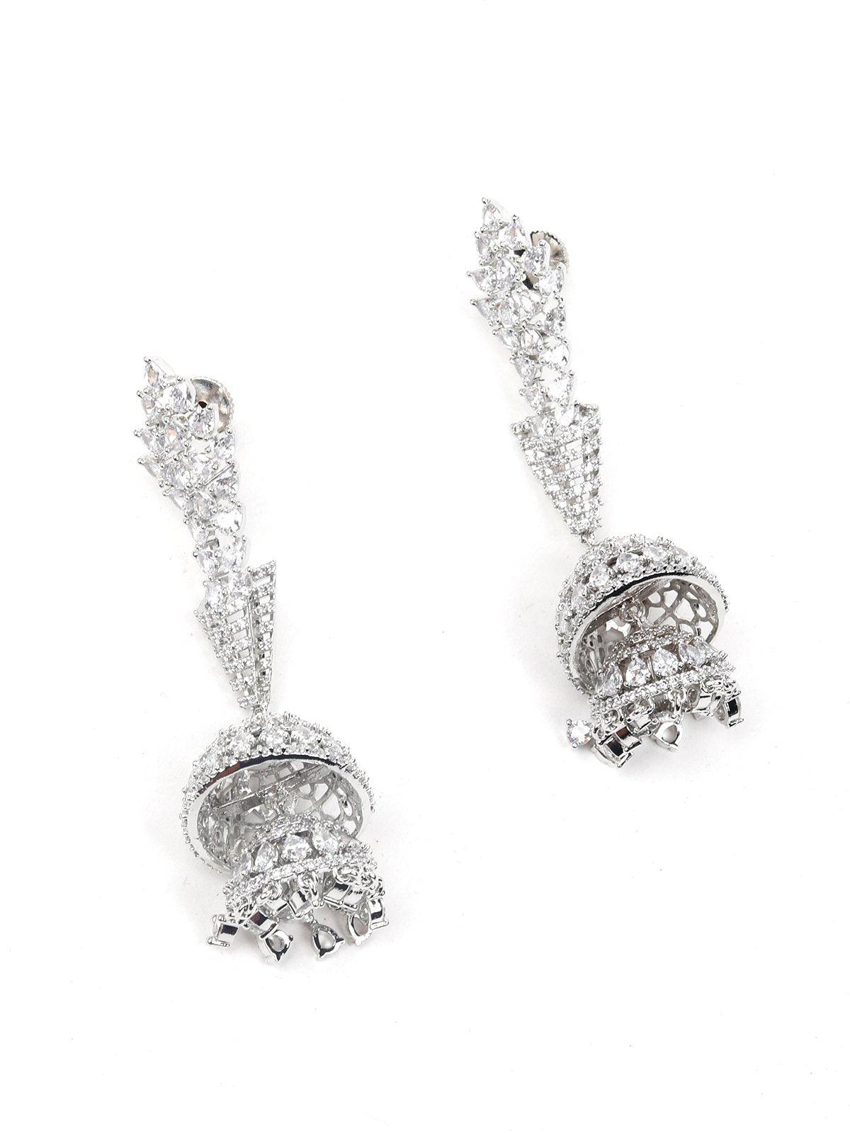 Silver-tone fully studded jhumka earrings - Rajwada