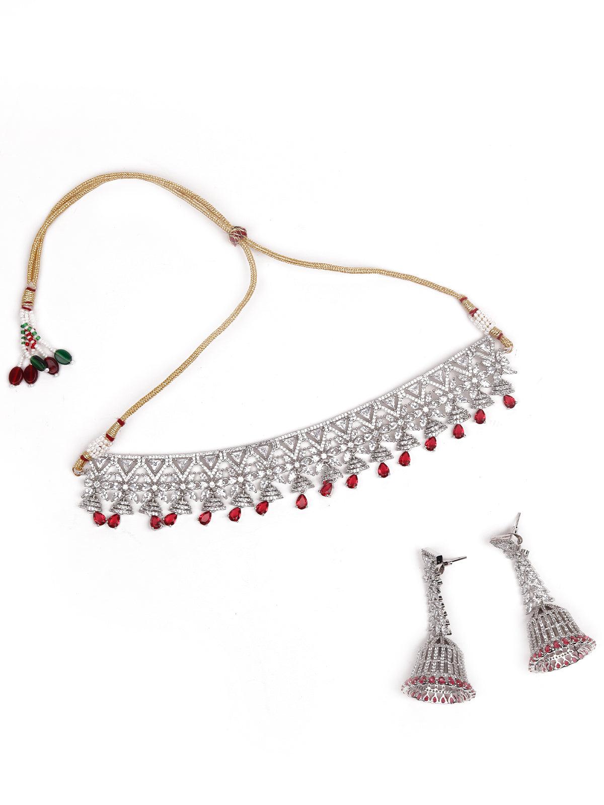 Silver-Tone Jewellery Set Embellished With Rubies - Rajwada