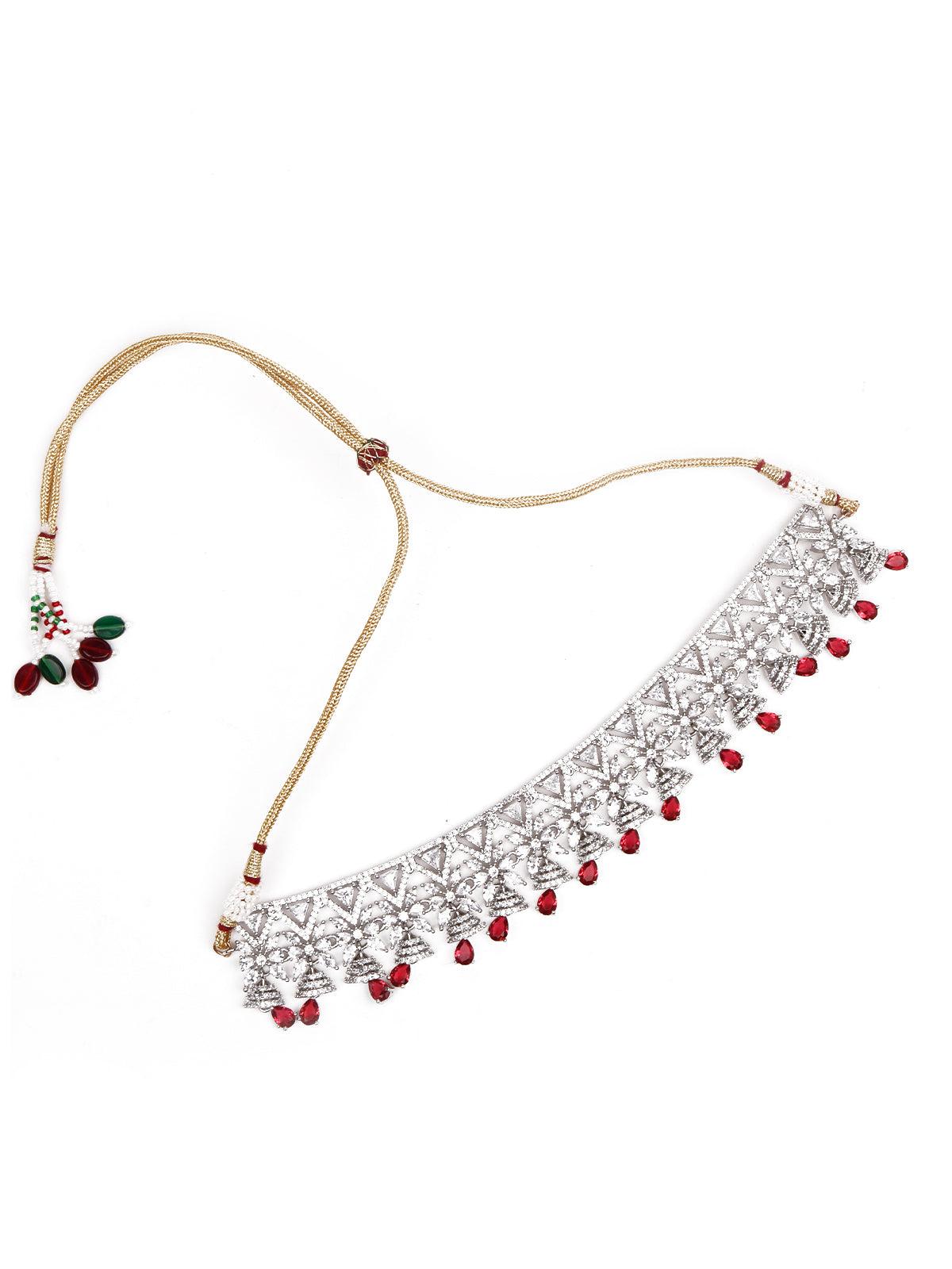 Silver-Tone Jewellery Set Embellished With Rubies - Rajwada