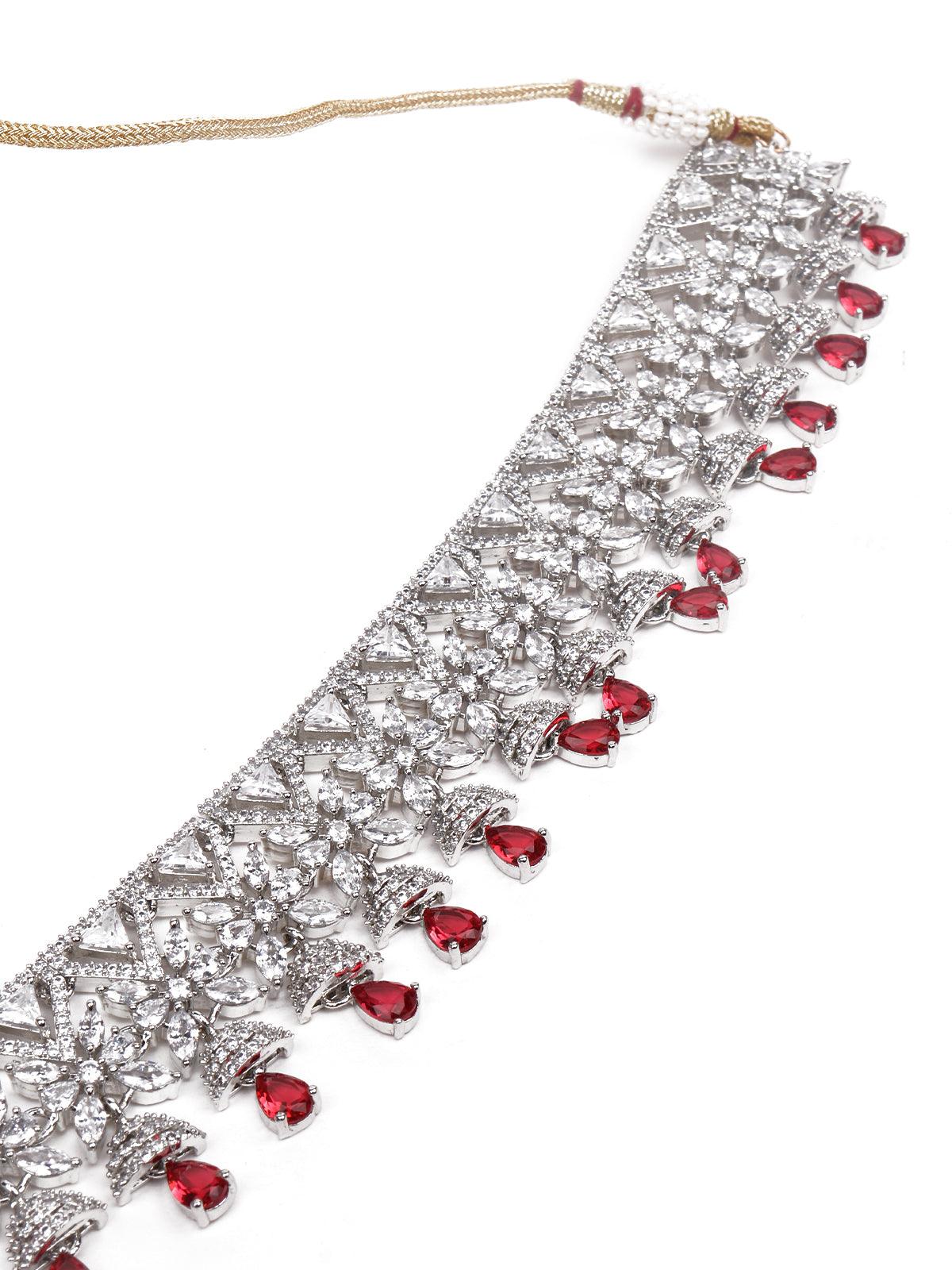 Silver-Tone Jewellery Set Embellished With Rubies - Rajwada