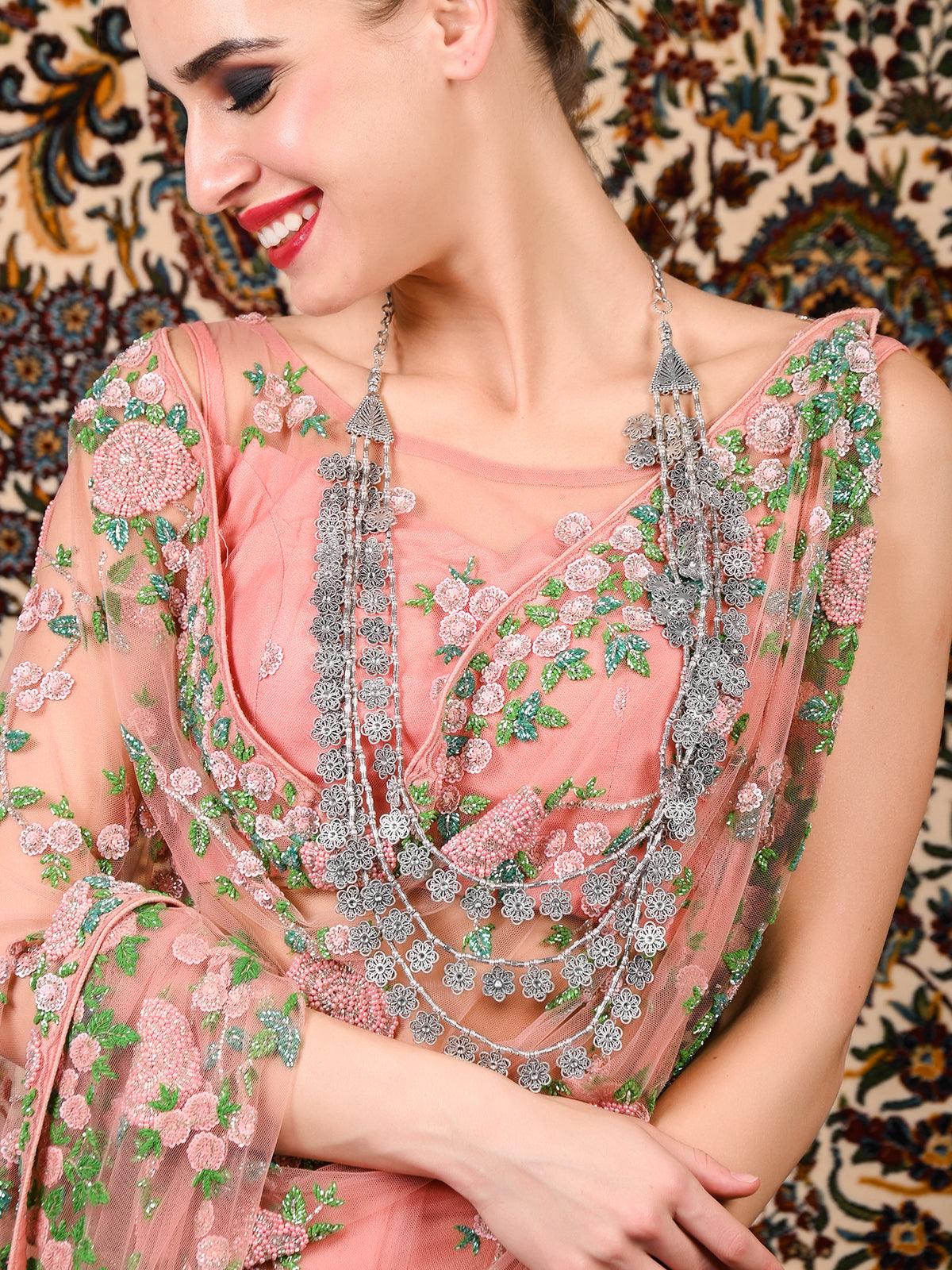 Silver Tone Layered Floral Necklace - Rajwada
