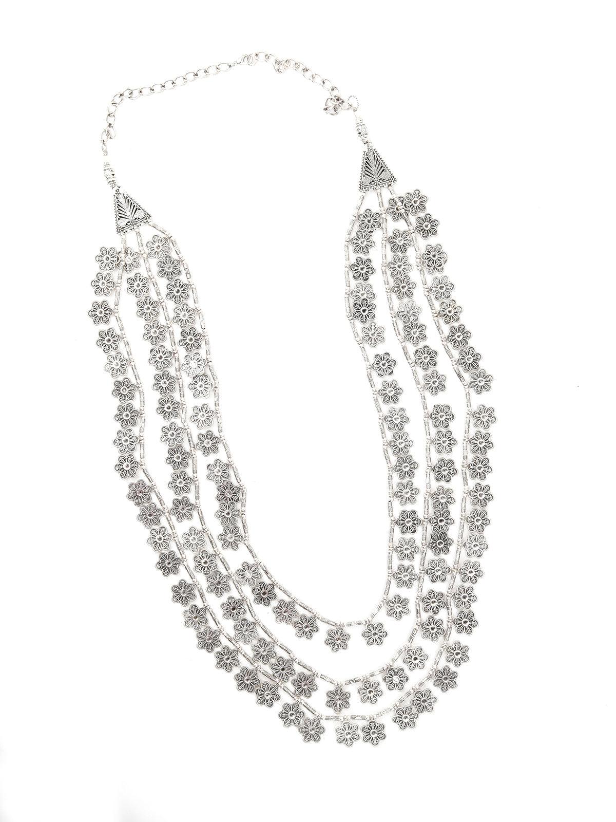 Silver Tone Layered Floral Necklace - Rajwada