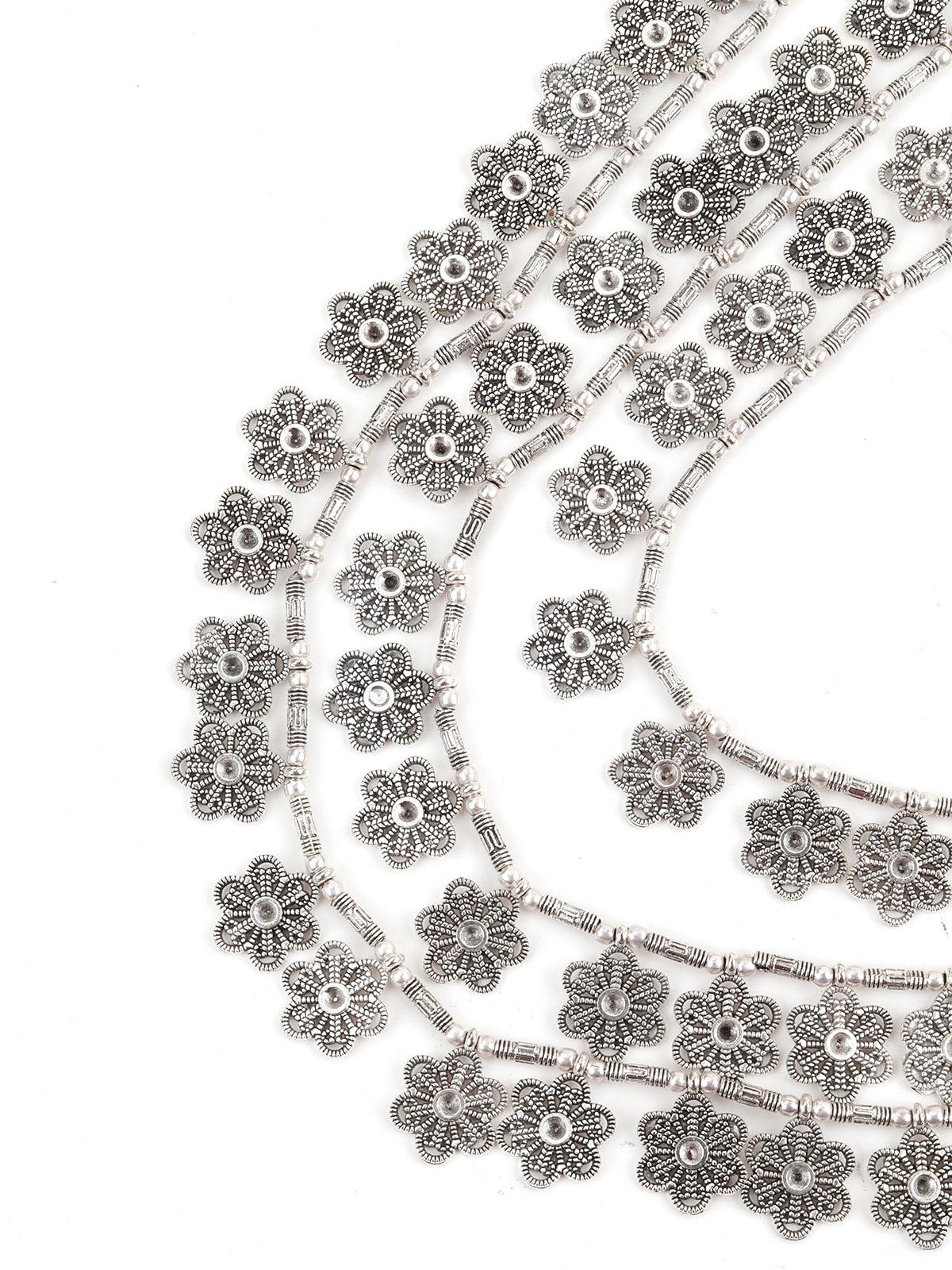 Silver Tone Layered Floral Necklace - Rajwada