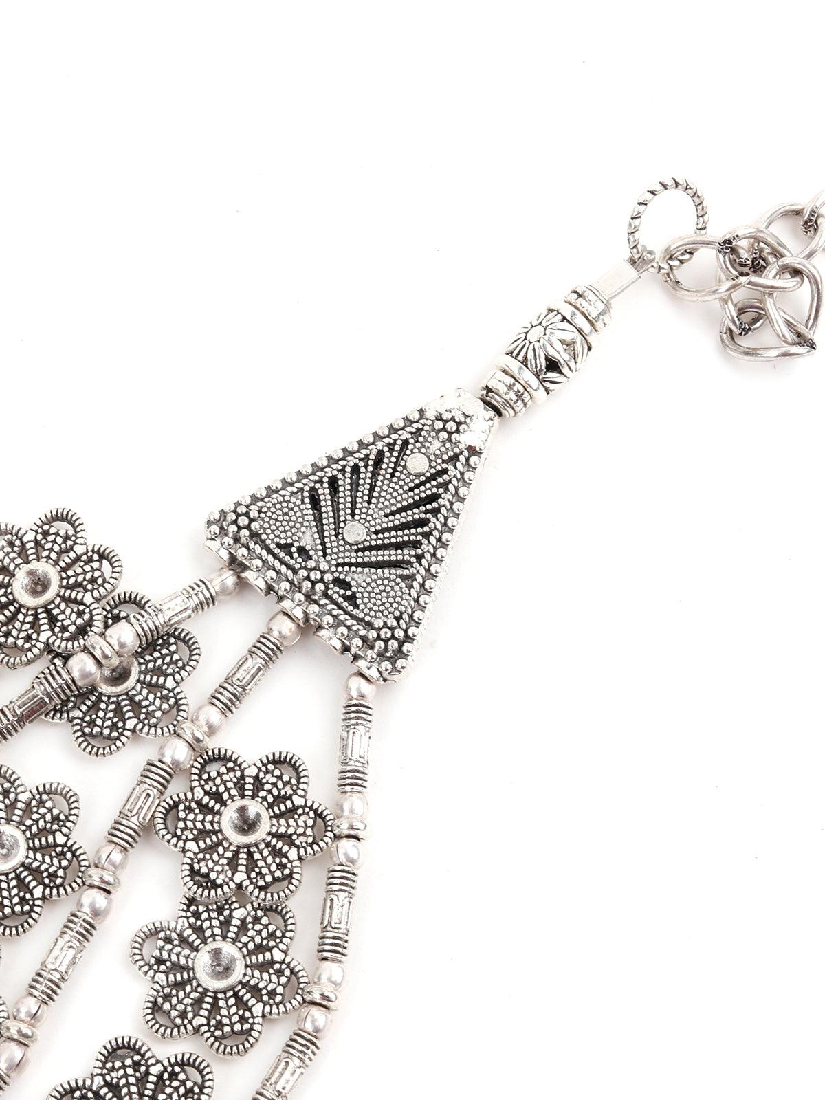 Silver Tone Layered Floral Necklace - Rajwada