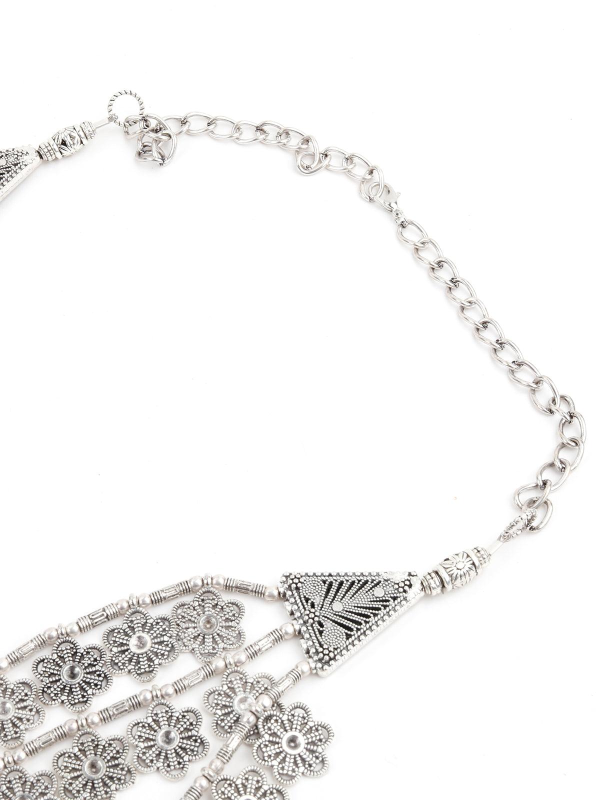 Silver Tone Layered Floral Necklace - Rajwada