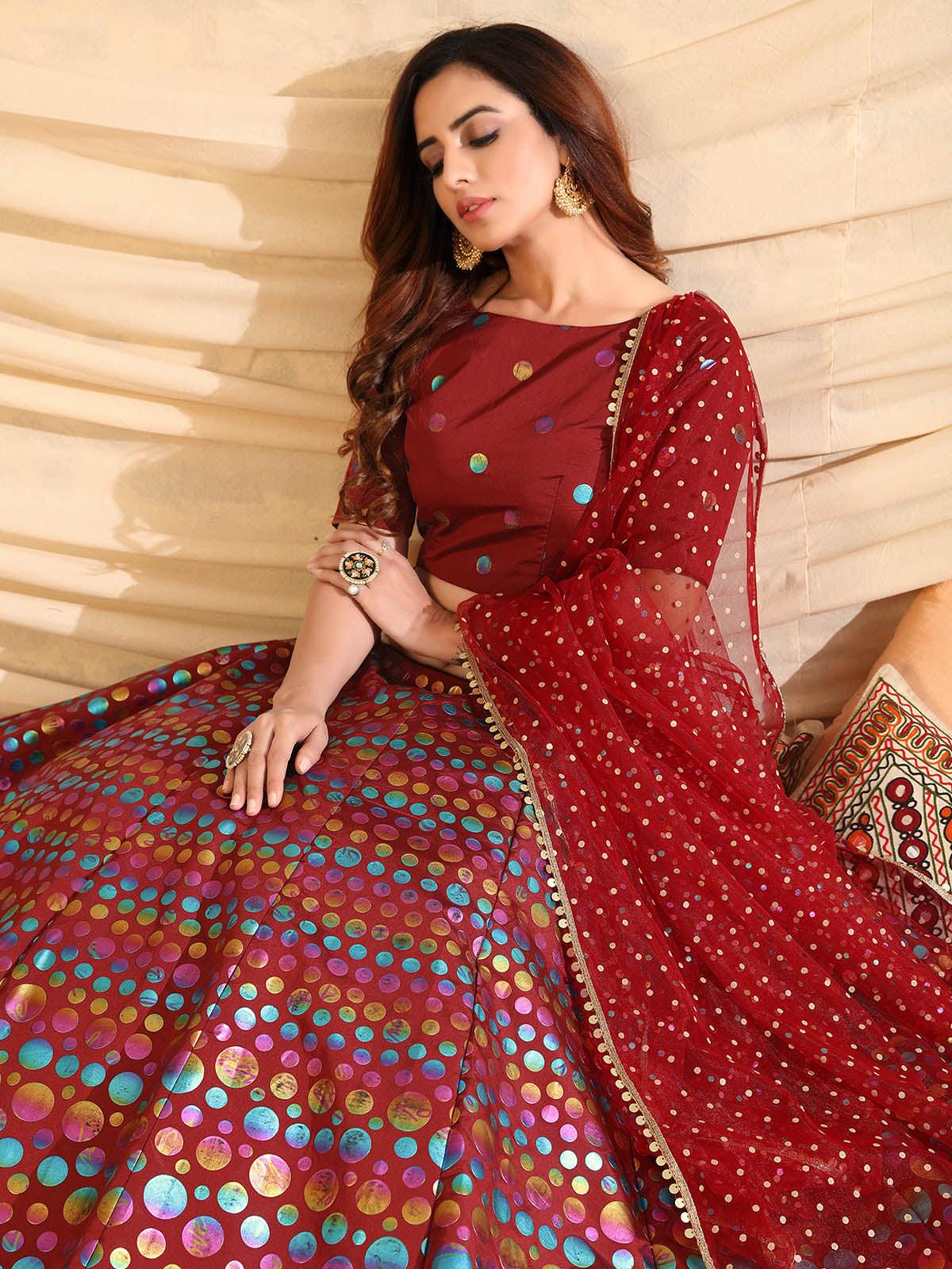 Sizzling Maroon Tafetta Silk Lehenga Set - Rajwada