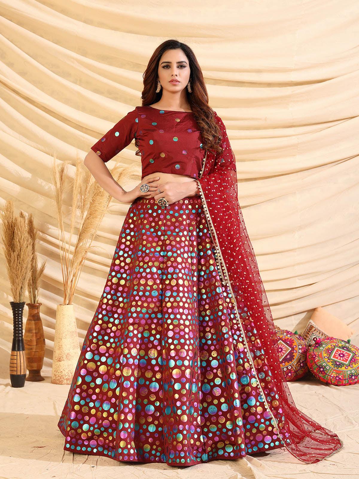 Sizzling Maroon Tafetta Silk Lehenga Set - Rajwada