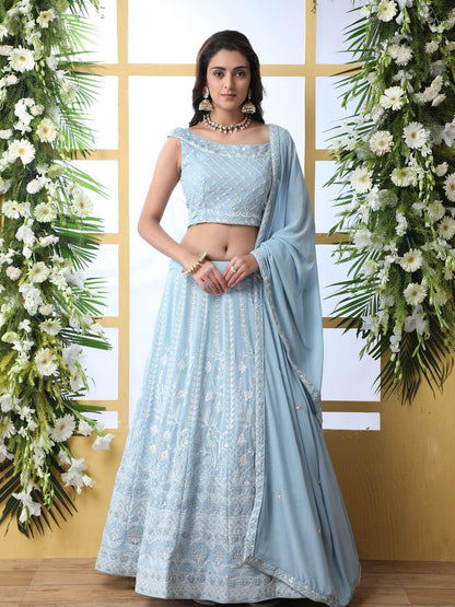 Sky Blue Sequins Georgette Lehenga Set - Rajwada