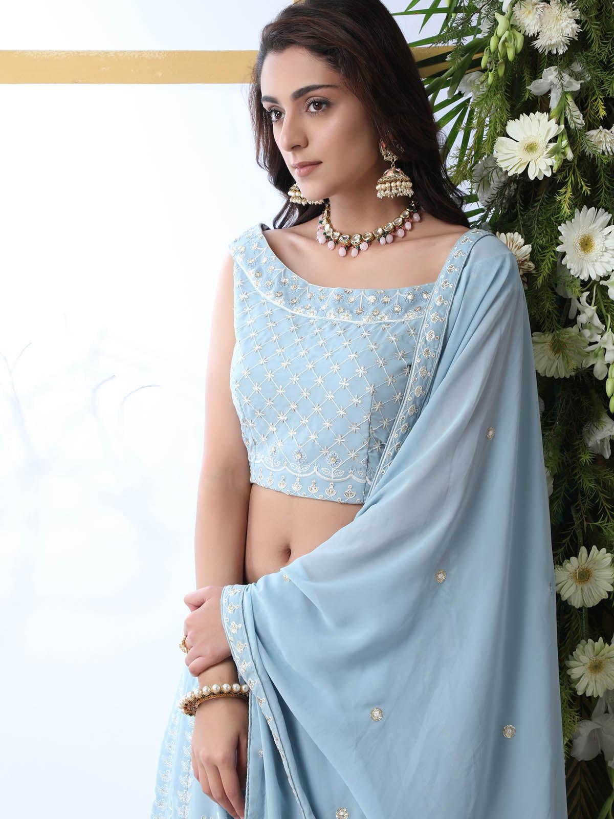 Sky Blue Sequins Georgette Lehenga Set - Rajwada