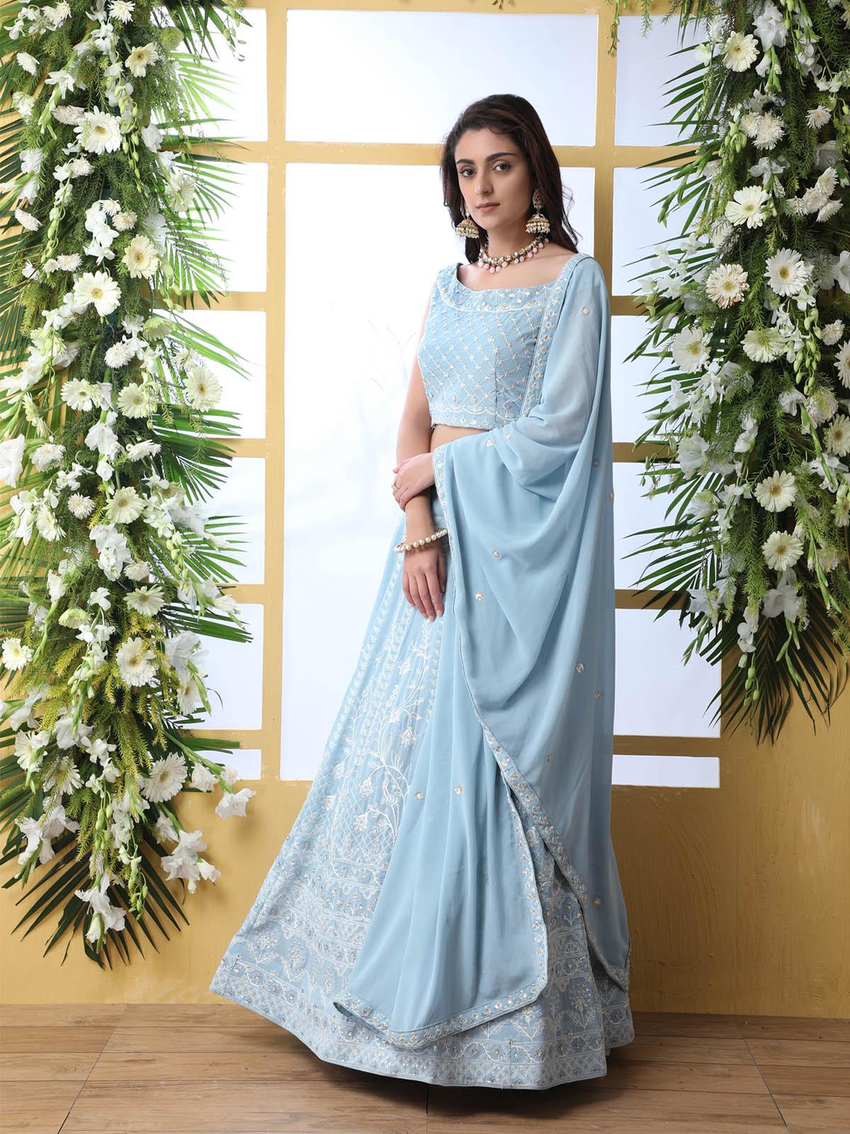 Sky Blue Sequins Georgette Lehenga Set - Rajwada