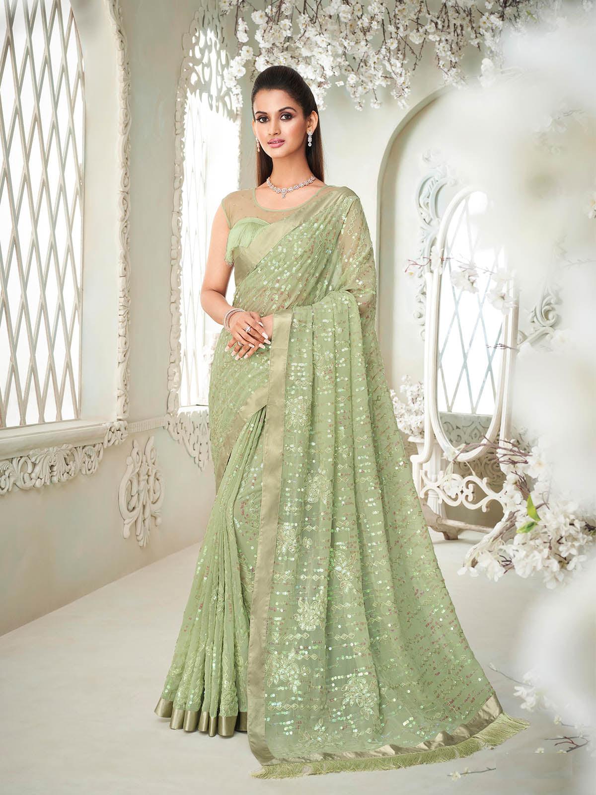 Sparkling Green Partywear Sequins Saree - Rajwada