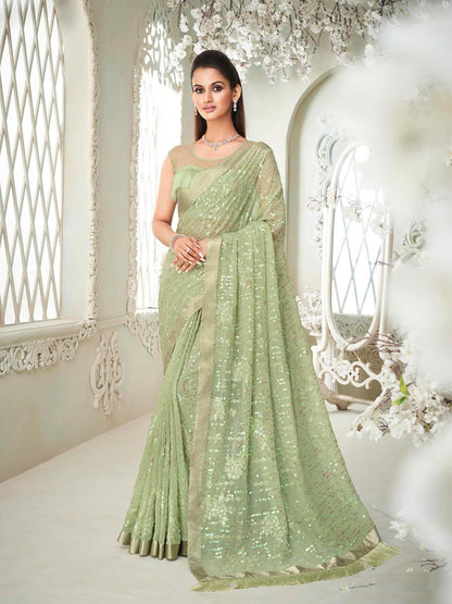 Sparkling Green Partywear Sequins Saree - Rajwada