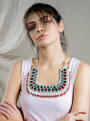 Square Shape Decorated Fabric Multi- Colored Necklace - Rajwada