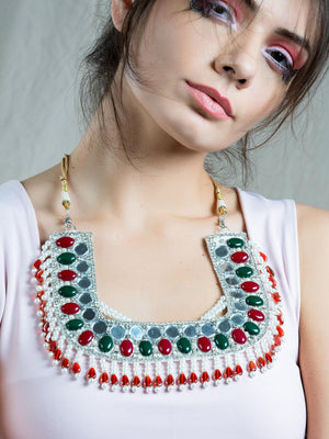 Square Shape Decorated Fabric Multi- Colored Necklace - Rajwada