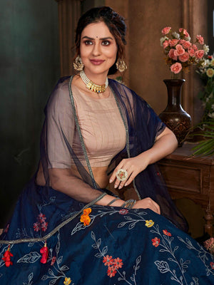 Striking Navy Blue Art Silk Lehenga Set - Rajwada