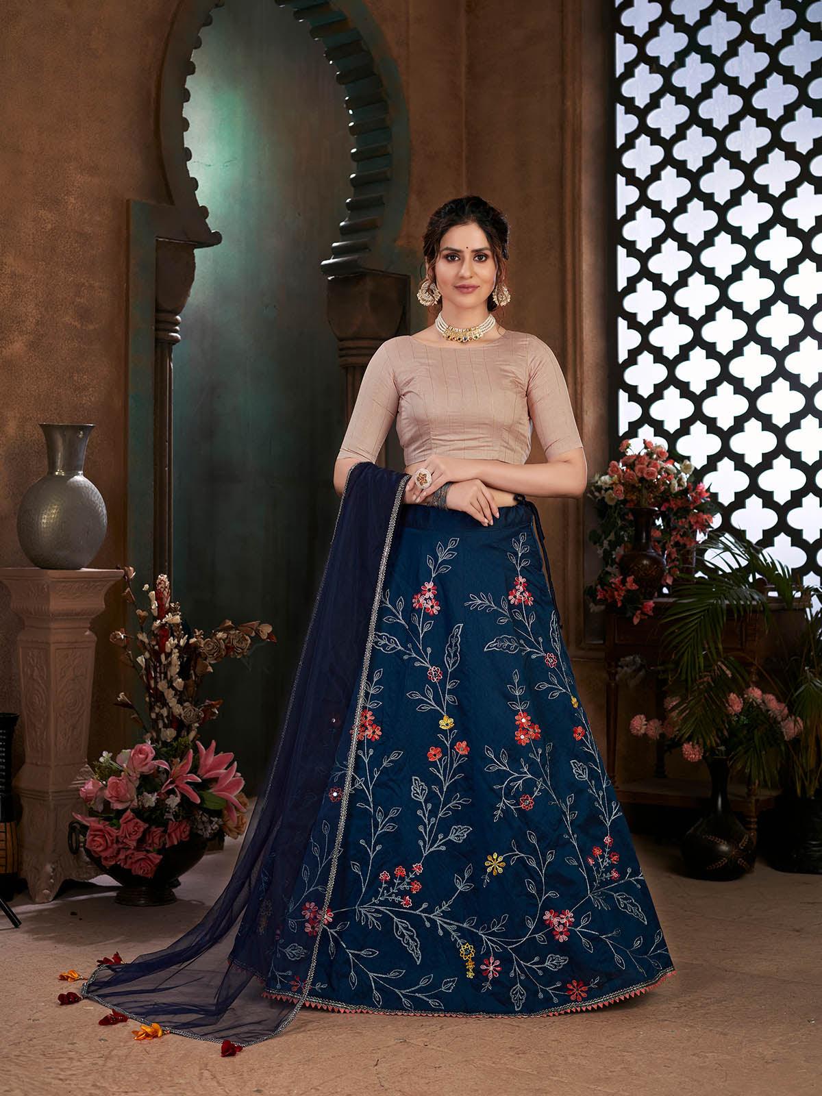 Striking Navy Blue Art Silk Lehenga Set - Rajwada