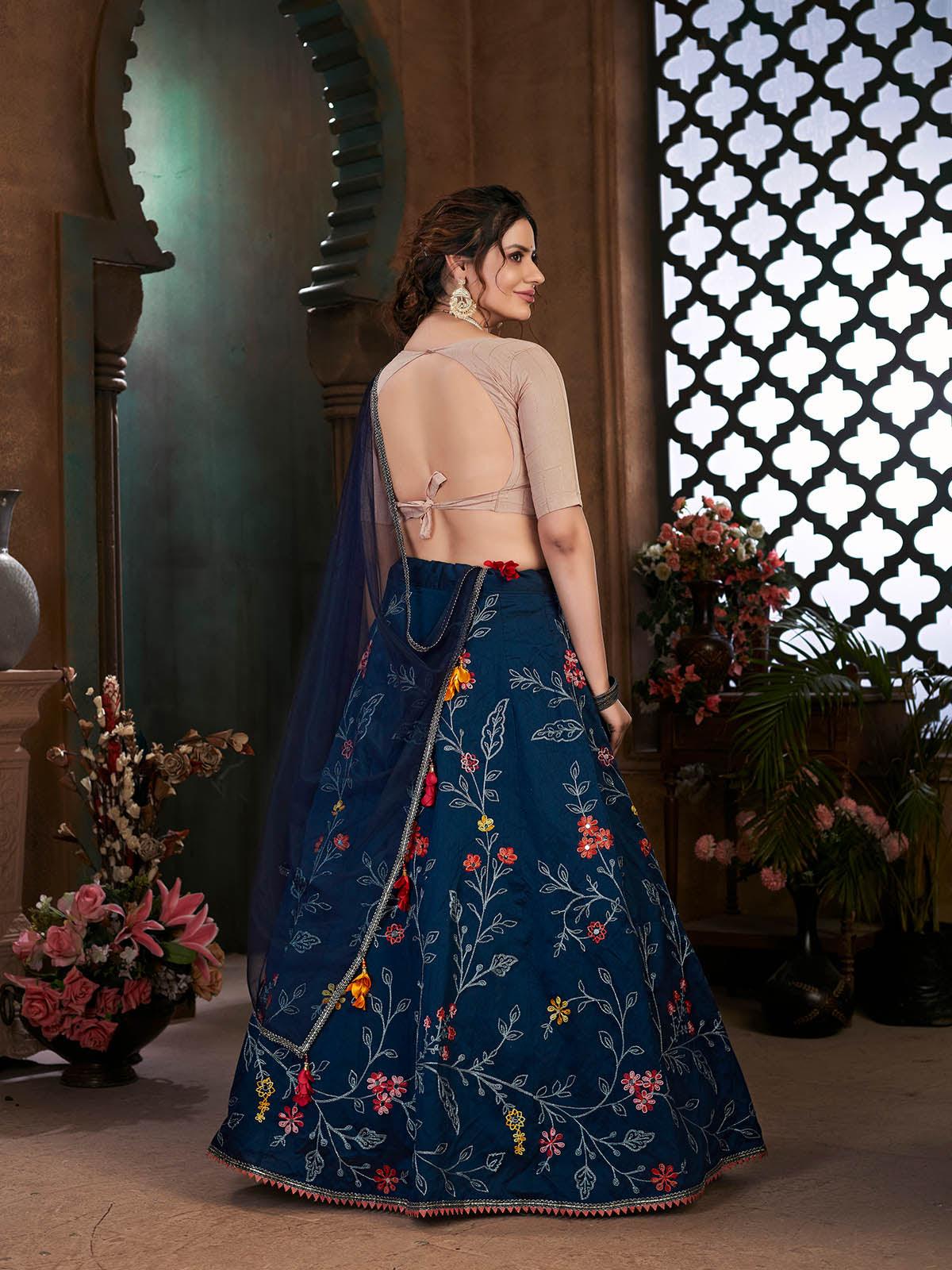 Striking Navy Blue Art Silk Lehenga Set - Rajwada
