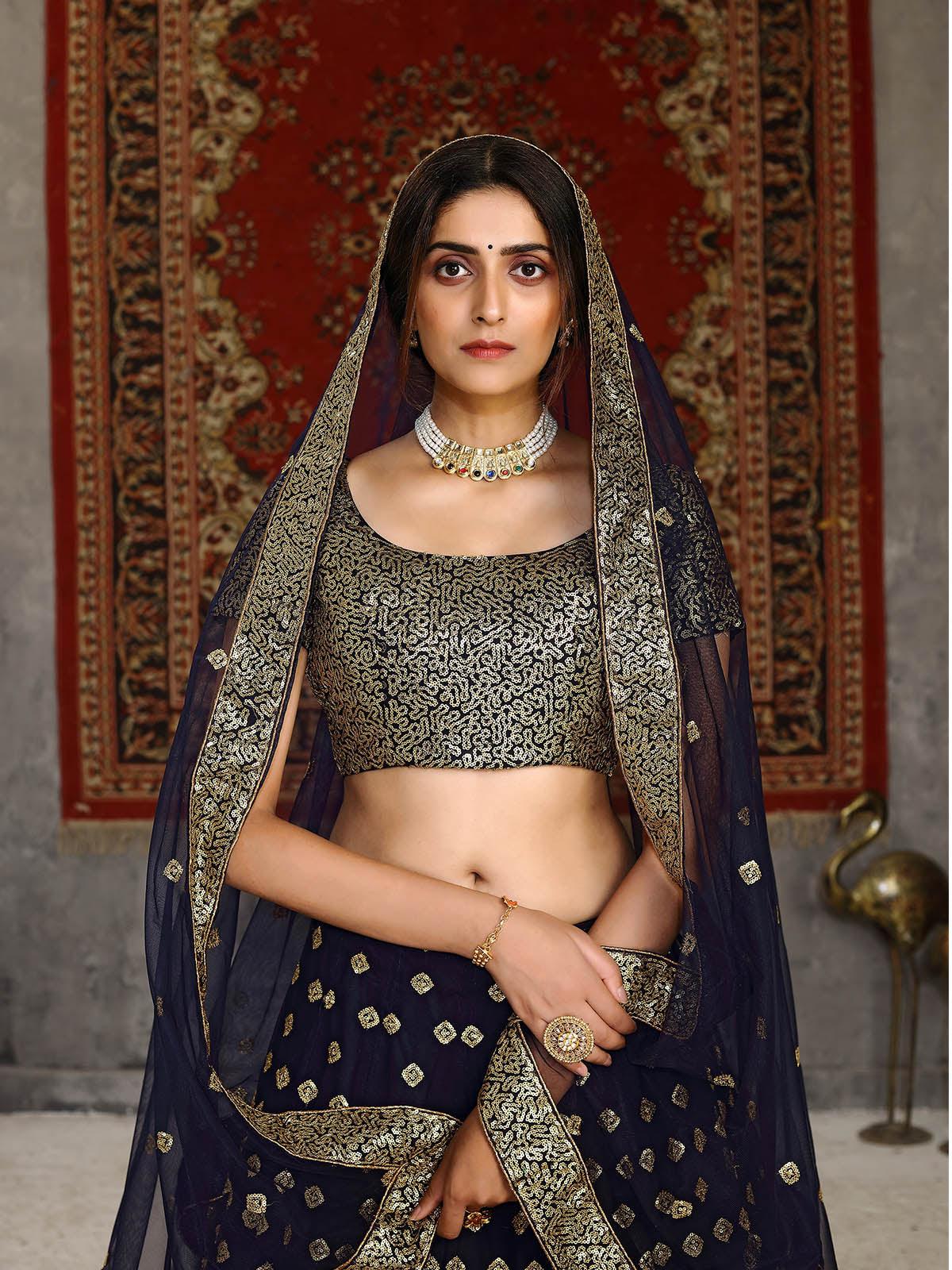 Striking Navy Blue Net Lehenga Set - Rajwada