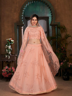 Striking Peach Net Lehenga Set - Rajwada