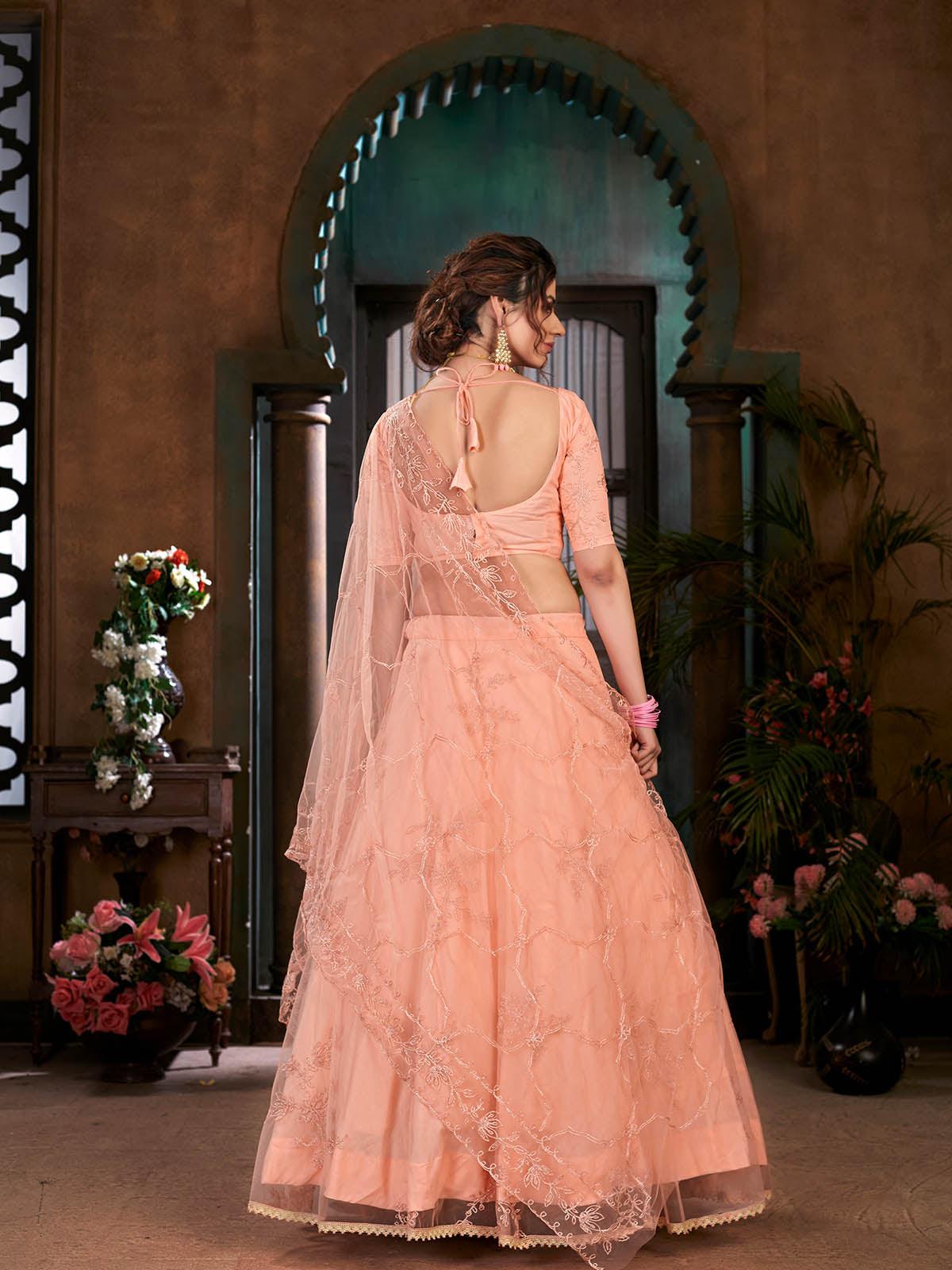 Striking Peach Net Lehenga Set - Rajwada